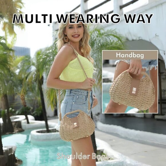 Woven Straw Purse with Crossbody Strap Summer Beach Bag Women's Handcrafted - Picture 6 of 7